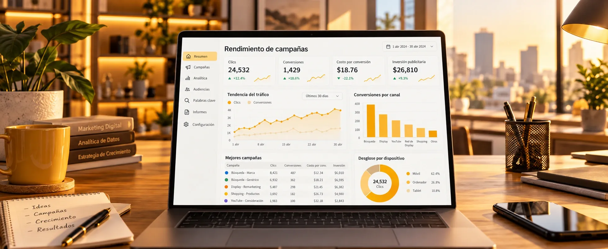 Panel de campañas y métricas de publicidad digital